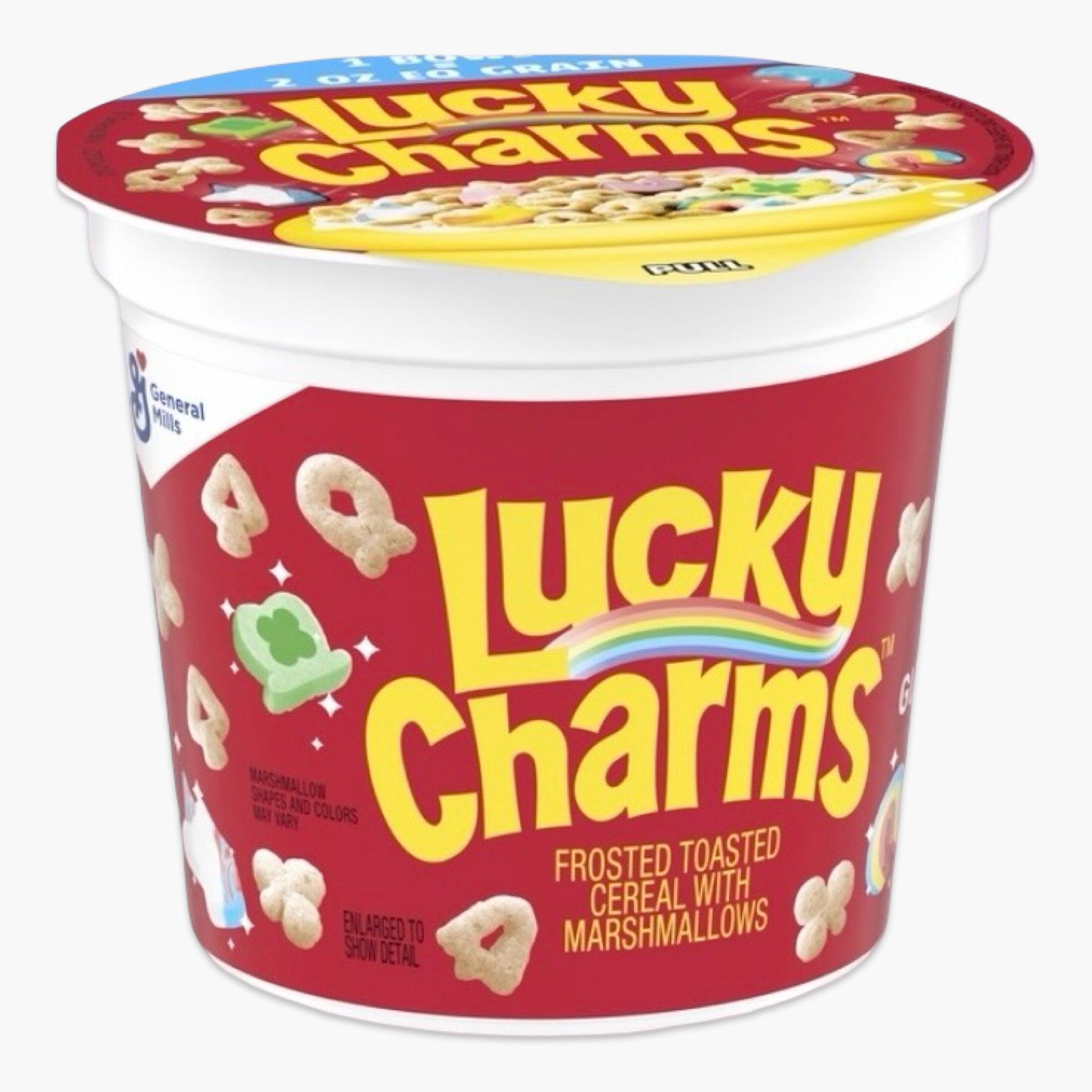 Lucky Charms Cereal Cup 49 g – amerikanisches Frühstück mit Marshmallows im praktischen Becher, kultige Cereals für unterwegs