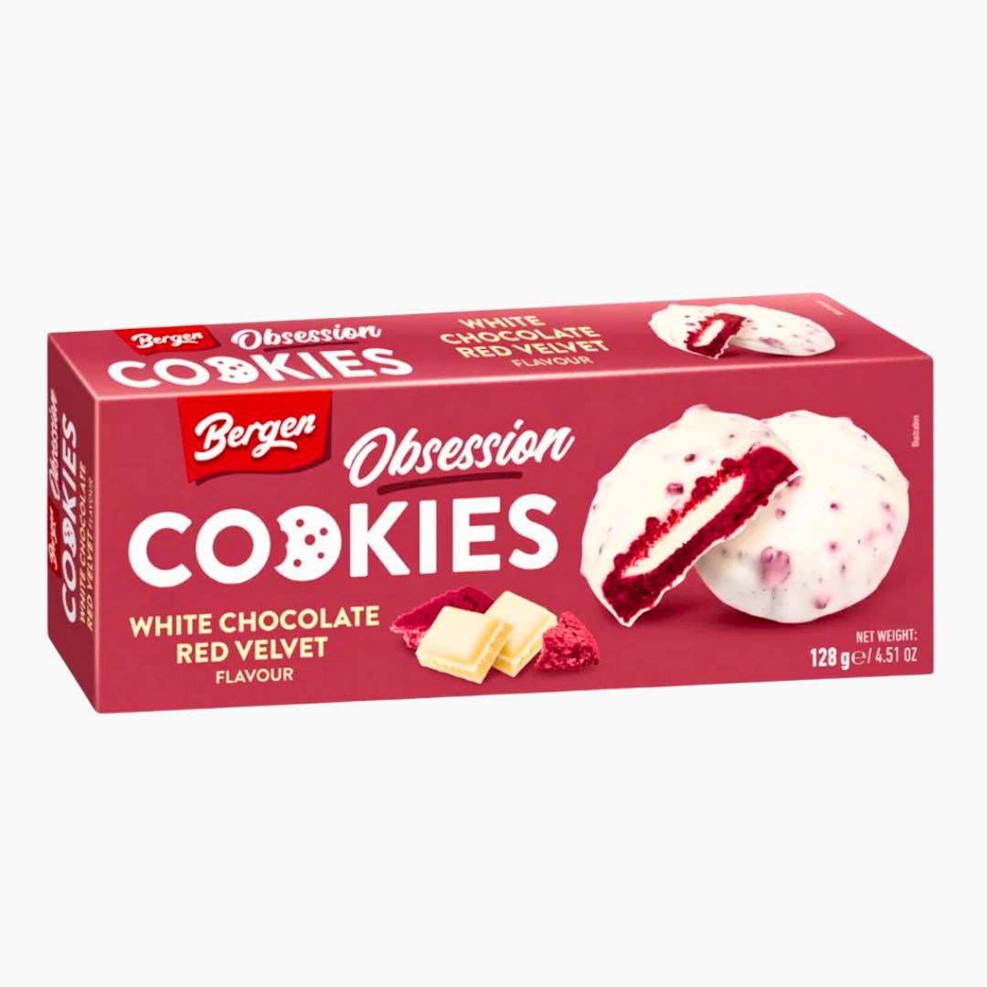 Bergen Obsession Cookies White Chocolate Red Velvet 128 g – Red Velvet Kekse mit weißer Schokolade kaufen in Österreich bei Four5