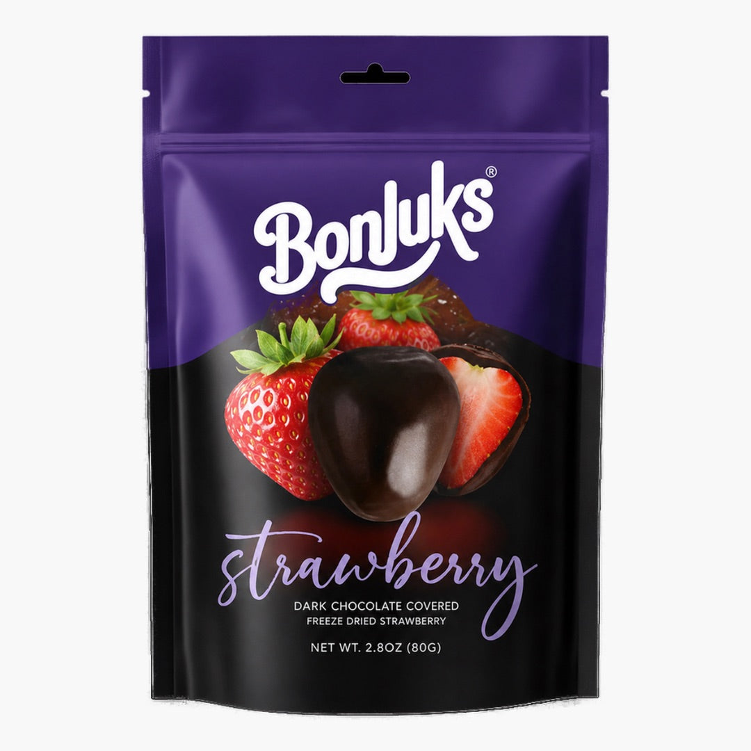 Bonjuks Freeze Dried Strawberry Dark 80 g – gefriergetrocknete Erdbeeren mit knackiger Zartbitterschokolade bei Four5