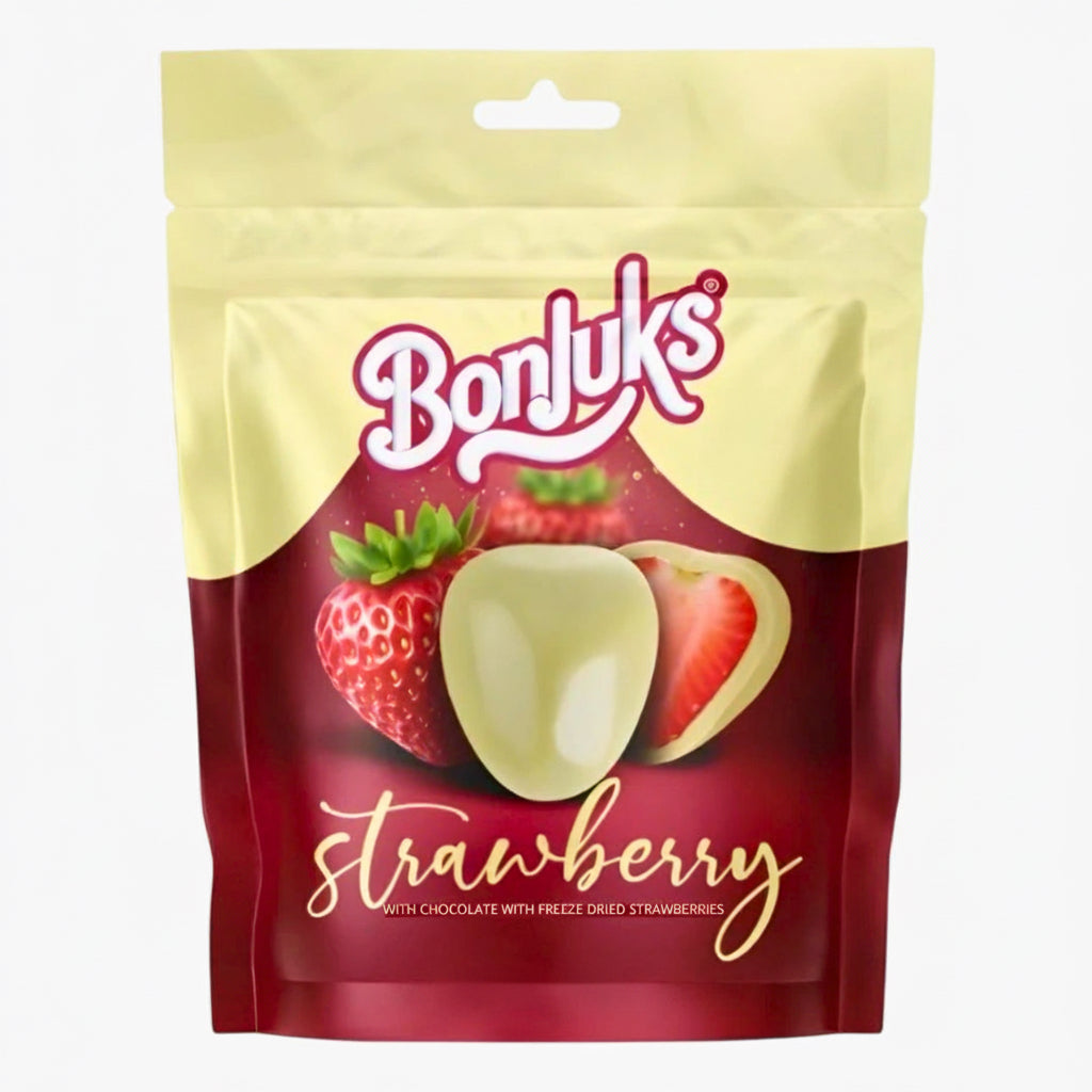 Bonjuks Freeze Dried Strawberry White 80 g – gefriergetrocknete Erdbeeren mit weißer Schokolade bei Four5