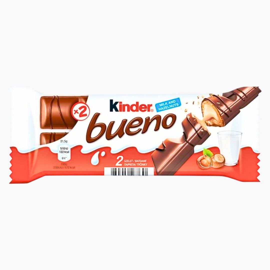 Ferrero Kinder Bueno 43 g – Schokoriegel mit knuspriger Waffel und Haselnuss‑Milch‑Füllung, Milchschokolade, Verpackung weiß‑rot