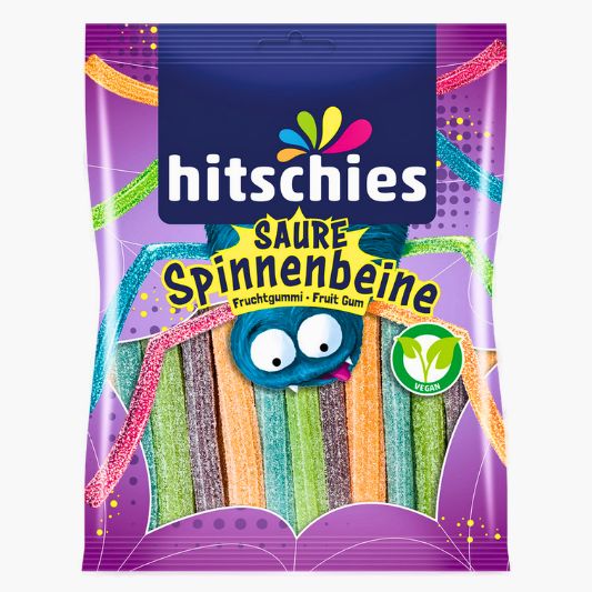 Hitschies Saure Spinnenbeine 125 g – vegane, saure Fruchtgummi-Sticks mit Wildapfel-, Waldfrucht-, Aprikosen- und Blaubeergeschmack kaufen in Österreich bei Four5.