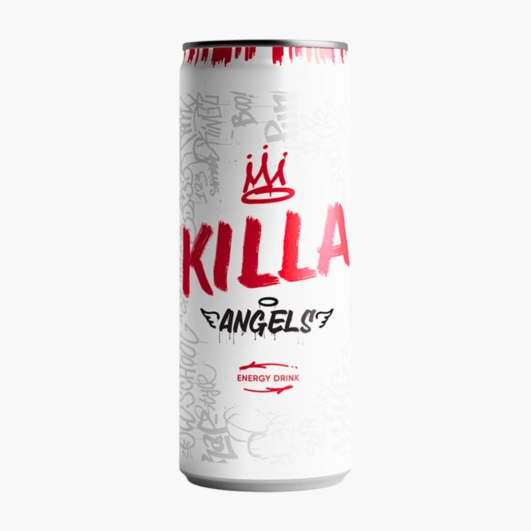 Killa Angels Energy Drink 250 ml – weiß-rote Streetstyle-Dose mit Flügeln und Krone, urbaner Look und voller Energy-Kick