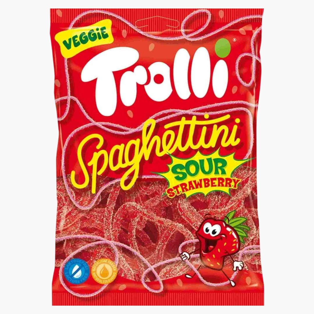 Trolli Spaghettini Sour Strawberry 100 g – saure Erdbeer-Fruchtgummis in Spaghetti-Form