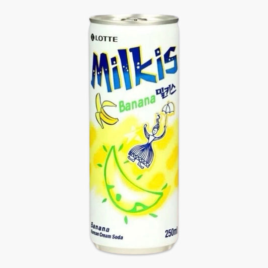 Lotte Milkis Banana 250 ml – koreanisches Softgetränk mit Banane-Milch-Geschmack in gelber Dose, Kultgetränk aus Asien