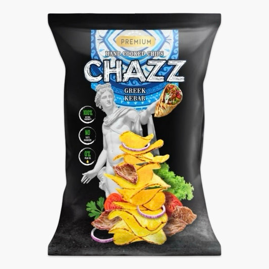 Chazz Greek Kebap Chips 90 g – vegane Kartoffelchips mit würzigem Kebap-Geschmack, inspiriert von griechischem Streetfood