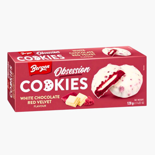 Bergen Obsession Cookies White Chocolate Red Velvet 128 g – Red Velvet Kekse mit weißer Schokolade kaufen in Österreich bei Four5