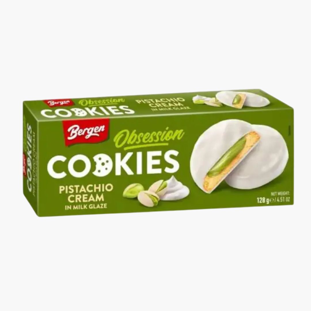 Bergen Obsession Pistachio White 128 g – Kekse mit weißer Schokolade und Pistaziencremefüllung, Snackpackung