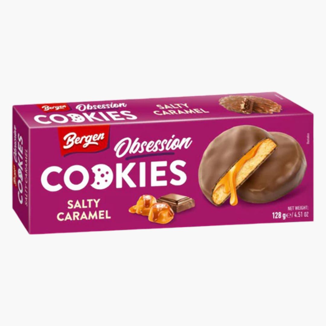 Bergen Obsession Salty Caramel 128 g – knusprige Cookies mit salzig‑karamelliger Füllung und Schokoladenüberzug, Snackpackung