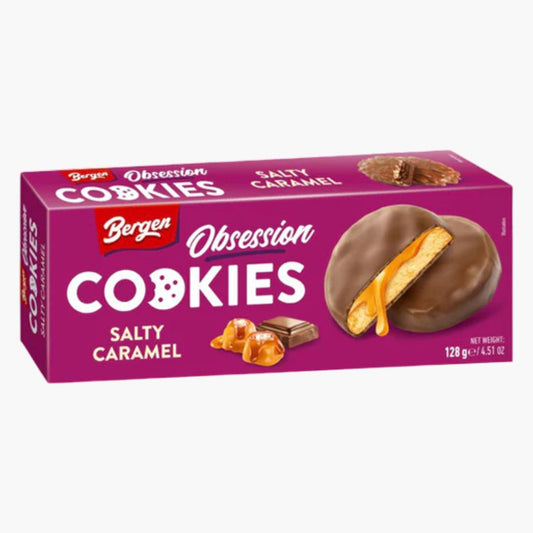 Bergen Obsession Salty Caramel 128 g – knusprige Cookies mit salzig‑karamelliger Füllung und Schokoladenüberzug, Snackpackung