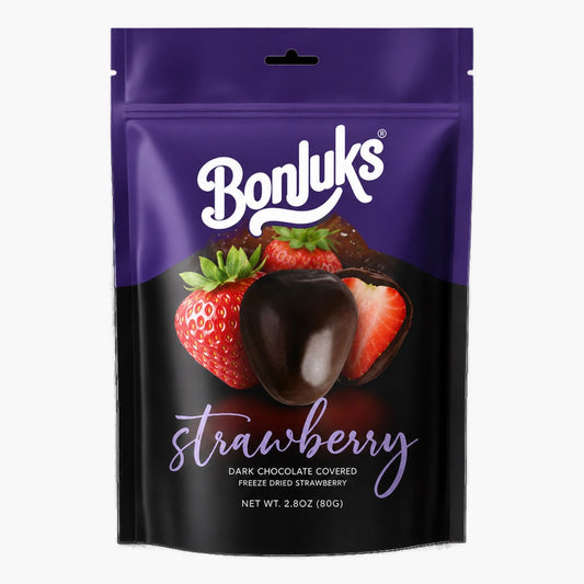 Bonjuks Freeze Dried Strawberry Dark 80 g – gefriergetrocknete Erdbeeren mit knackiger Zartbitterschokolade bei Four5