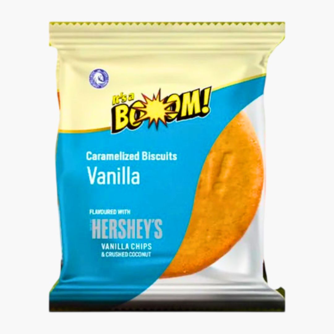 Boom Hershey Vanilla 20 g – knuspriger Cookie mit Hershey’s Vanilla Chips, Snackpackung