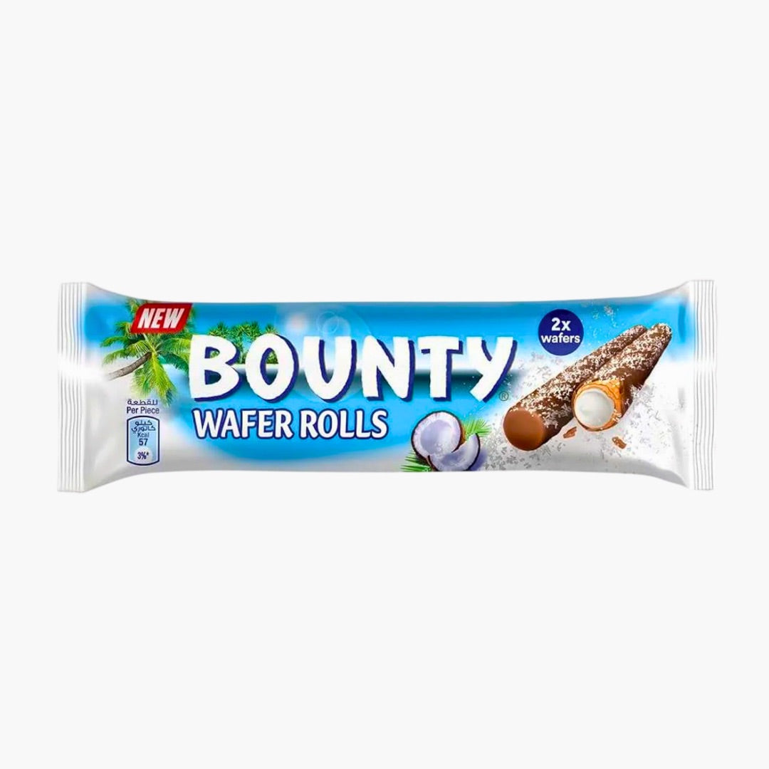 Bounty Wafer Rolls 22,5 g – knusprige Waffelröllchen mit Kokosfüllung & Schokoladenüberzug, exotischer Snack im Mini-Format