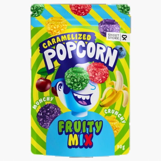 Caramelized Popcorn Fruity Mix 90 g von Sweet Story – karamellisiertes Popcorn mit fruchtigem Heidelbeer-, Bananen-, Kirsch- und Bubblegum-Geschmack bei Four5