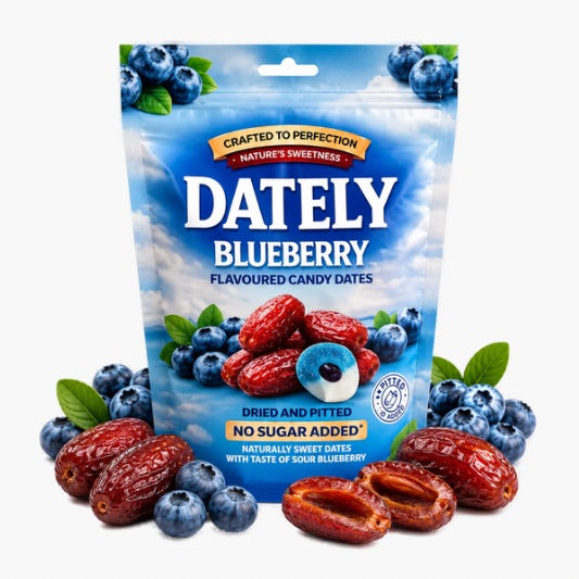 Dately Blueberry Flavour 100 g – entsteinte Datteln mit fruchtigem Heidelbeer-Geschmack ohne Zuckerzusatz im wiederverschließbaren Beutel bei Four5