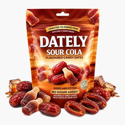 Dately Sour Cola Flavour 100 g – entsteinte Datteln mit spritzigem Sour-Cola-Geschmack ohne Zuckerzusatz im wiederverschließbaren Beutel bei Four5