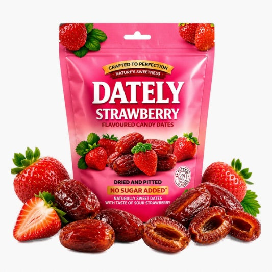 Dately Strawberry Flavour 100 g – entsteinte Datteln mit fruchtigem Erdbeer-Geschmack ohne Zuckerzusatz im wiederverschließbaren Beutel bei Four5