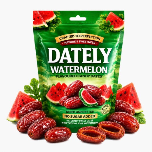 Dately Watermelon Flavour 100 g – entsteinte Datteln mit fruchtigem Wassermelonen-Geschmack ohne Zuckerzusatz im wiederverschließbaren Beutel bei Four5
