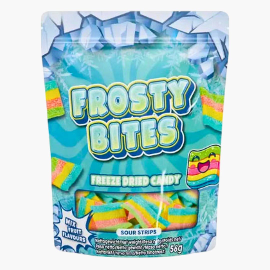 Frosty Bites Sour Strips 56 g – bunte saure Kaustreifen mit Fruchtgeschmack und Zuckerschicht, erhältlich bei Four5