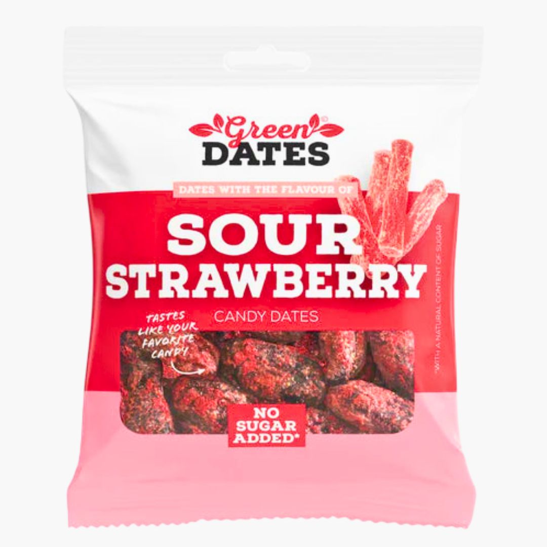 Green Dates Sour Strawberry 90 g – Datteln mit saurer Erdbeer‑Geschmacksbeschichtung, vegan & zuckerfrei Snack kaufen bei Four5