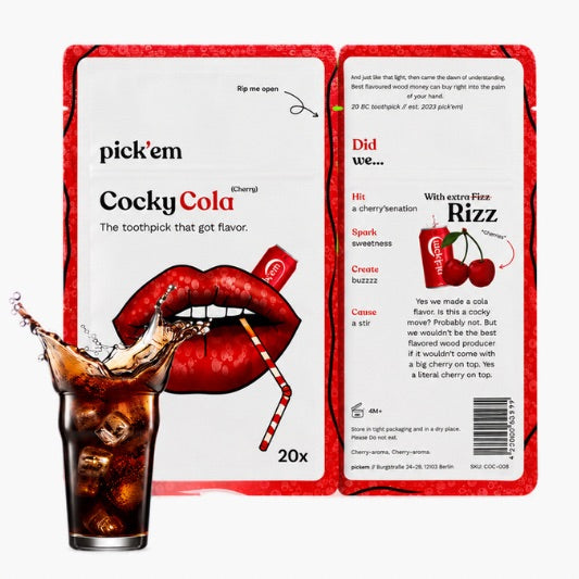 Pick’em Zahnstocher Cocky Cola 20 Stk – aromatisierte Birkenholz-Zahnstocher mit intensivem Cola-Geschmack bei Four5