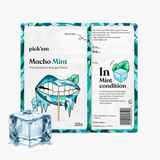 Pick’em Zahnstocher Macho Mint 20 Stk – aromatisierte Birkenholz-Zahnstocher mit intensivem Minzgeschmack für langanhaltende Frische bei Four5