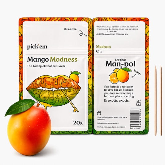 Pick’em Zahnstocher Mango Madness 20 Stk – aromatisierte Birkenholz-Zahnstocher mit fruchtigem Mango-Geschmack bei Four5