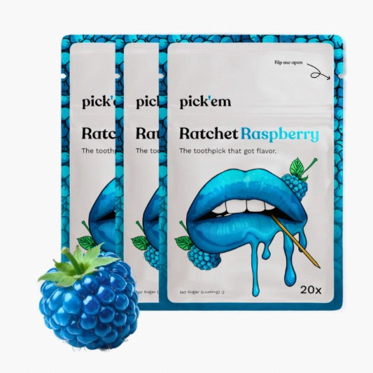 Pick’em Zahnstocher Ratchet Raspberry 20 Stk – aromatisierte Birkenholz-Zahnstocher mit fruchtigem Himbeergeschmack bei Four5