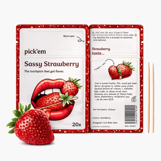 Pick’em Zahnstocher Sassy Strawberry 20 Stk – aromatisierte Birkenholz-Zahnstocher mit süßem Erdbeergeschmack bei Four5