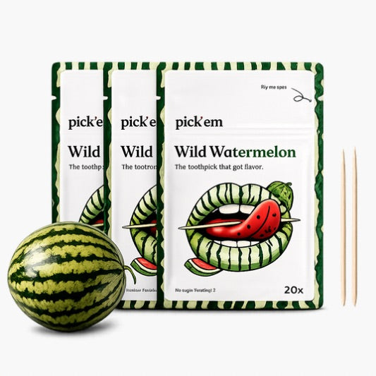 Pick’em Zahnstocher Wild Watermelon 20 Stk – aromatisierte Birkenholz-Zahnstocher mit saftigem Wassermelonen-Geschmack bei Four5