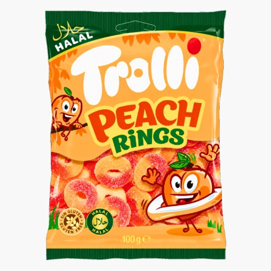 Trolli Halal Peach Rings 100 g – saure Pfirsichringe mit Halal-Rindergelatine und fruchtigem Pfirsichgeschmack kaufen in Österreich bei Four5.