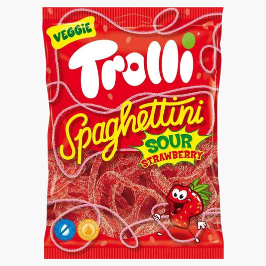 Trolli Spaghettini Sour Strawberry 100 g – saure Erdbeer-Fruchtgummis in Spaghetti-Form
