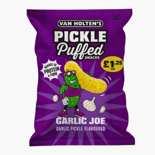 Van Holten’s Pickle Puffed Snack Garlic Joe 50 g – knusprige US-Puffs mit intensivem Knoblauch- und Pickle-Geschmack bei Four5