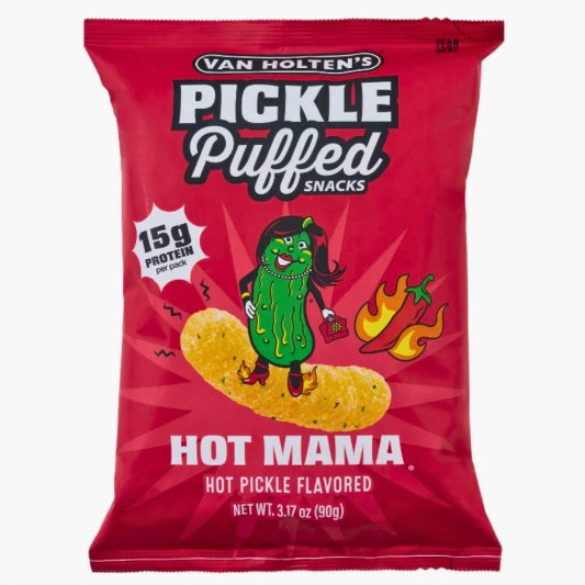 Van Holten’s Pickle Puffed Snack Hot Mama 50 g – knusprige US-Puffs mit scharfem Pickle-Geschmack und Chili bei Four5
