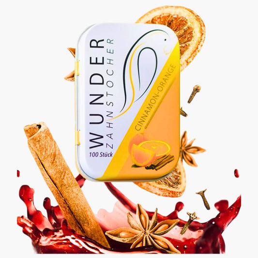 Wunder Zahnstocher Zimt Orange 100 Stück – aromatisierte Zahnstocher mit Zimt-Orangen-Geschmack bei Four5
